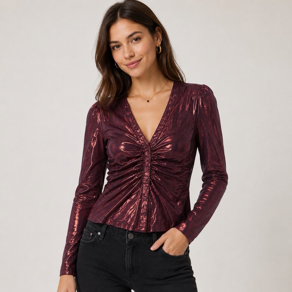 Anthropologie Liquid Shine Ruched Button Down Shirt Red Small NWT